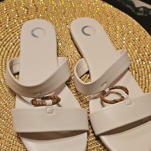 Journee Collection Cream Sandals with Wooden Accent